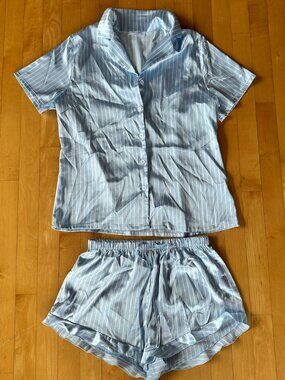 Ekouaer Satin PJ Set — Blue Stripe
